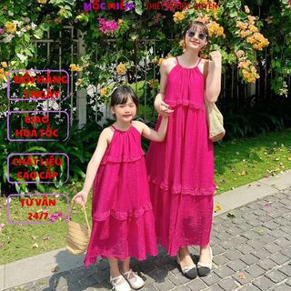 Đồ đôi mẹ bé gái, váy đôi mẹ bé cổ yếm fom dáng maxi đi biển chất liệu mát mẻ thoáng mát cho bé