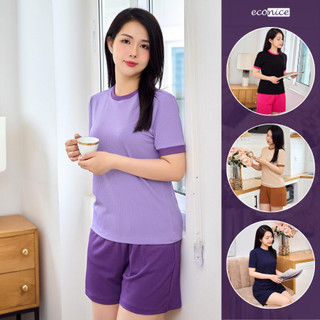 Set đồ bộ quần short đùi áo phông nữ vải thun gân tăm màu trơn mặc nhà mùa hè Econice