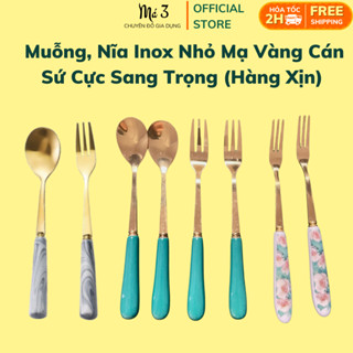Muỗng nĩa Inox nhỏ ăn trái cây, tráng miệng mạ vàng đầu bọc sứ sang trọng (Hàng xịn)