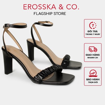 Erosska - Giày sandal cao gót nữ mũi vuông quai nhún thanh lịch cao 8cm màu đen  - EB044