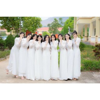 Áo dài trắng vai bồng ,Áo dài học sinh thiết kế vai bồng màu trắng kem