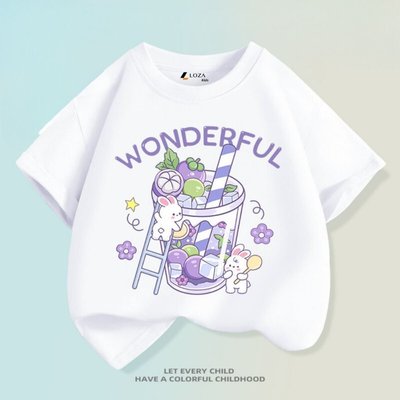 Áo thun bé gái in  hình thỏ + ly đá cho bé từ 15-42kg - Áo phông trẻ em Loza Kids- Mã AT2506