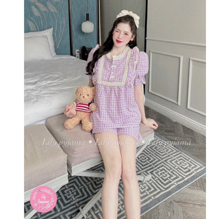 Bộ Ngủ Pijama Mặc Nhà Ngắn Tay Quần Đùi Kẻ Caro Chất Đũi Dễ Thương HIPEE, Tay Áo Bo Chun Tiểu Thư (40-60kg)