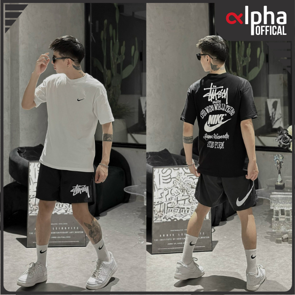 COMBO set quần áo thể thao nam nữ nike stussy chất áo cotton cao cấp và quần dù dày dặn - ALCBB06