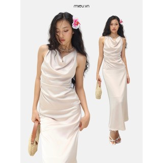 Set đầm lụa nữ áo cổ đổ mix kèm chân váy suông dài thanh lịch MIEU - LM20