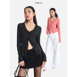 Áo thun nữ cổ V tay dài viền cuốn bèo hở eo nữ tính MIEU - LM21