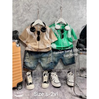 Bộ cộc tay áo polo quần jeans mềm cho bé trai quảng châu cao cấp