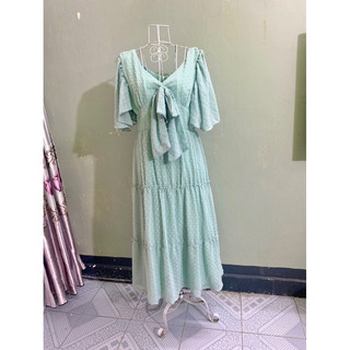 <si tuyển> Váy đầm nơ Ulzzang dáng dài tiểu thư /tay cánh tiên/ màu xanh mint