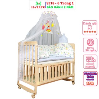 Cũi Cho Bé S218 Hatato cho trẻ từ 0-4 tuổi gỗ thông có 6 chức năng là nôi em bé và quây cũi cho bé