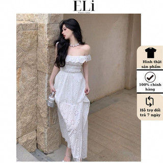 Đầm Maxi Xô Thêu ELI 2 Lớp Xẻ Tà Hở Lưng Sang Trọng