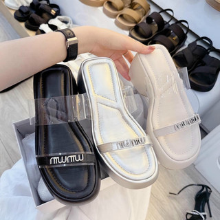 Dép xuồng da 2 quai mica phối da tag miu miu sang xịn