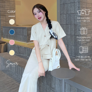 Set đồ nữ áo blazer tay ngắn kèm chân váy suông dài qua gối phong cách retro - Bora Set