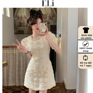 Váy Tay Bồng ELI 2 Lớp Vân Nổi Cổ Đính Ngọc Chai Sang Trọng