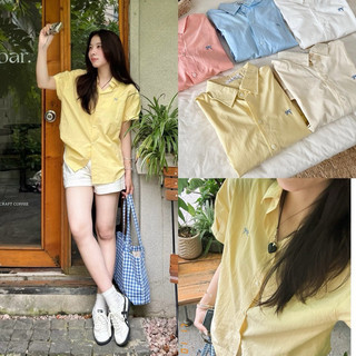 Áo Sơmi Thêu Nơ Tay Cộc Gập Gấu Chất Thô Mát style Ulzzang