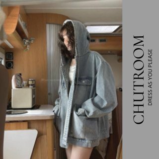 (Sẵn hàng) Áo Khoác Jean Nữ Có Nón Chut.Room, có túi trong, Dáng Rộng, Thoải Mái, Cá Tính