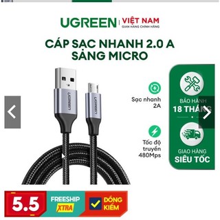 Cáp sạc micro usb 2.0 dài 1m,1,5m/2m/3m bọc dù sạc 2.4a qc3.0 ugreen 60146,60147,60148 cao cấp