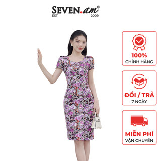 Đầm ôm tay cộc hoa tím cổ U cúp ngực thời trang nữ Seven.AM H613138I