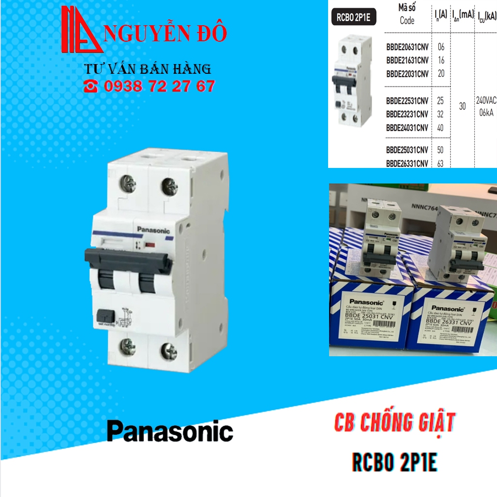 CB chống giật, aptomat chống giật Panasonic RCBO 2P1E, dòng điện định mức 06A, 16A, 25A, 32A, 40A, 50A, 63A  độ bền cao.