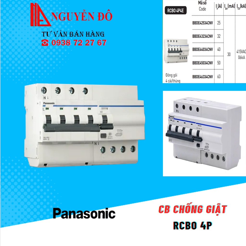 CB chống giật, aptomat chống giật Panasonic RCBO 4P  dòng diện định mức 25A/32A/40A/50A/63A và dòng rò 30mA, độ bền cao.