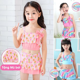 Bộ Đồ Bơi Bé Gái Váy 2 Mảnh Điệu Đà Phong Cách Hàn Quốc Tặng Kèm Mũ Cho Bé Từ 6 - 35kg