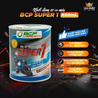 Nhớt Xe Máy BCP Thái Lan 15W40, API SL, JASO MA2, Lon 800mL, Nhớt Màu Đỏ, Thơm Dâu, Đi 2.000KM