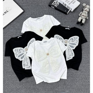 Áo thun nơ ren hai màu chất cotton vải siêu mịn