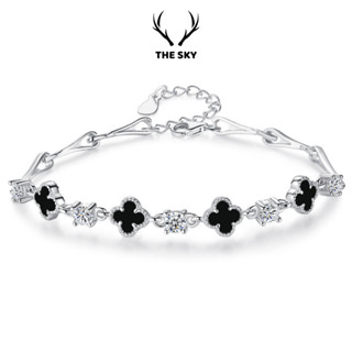  Lắc tay nữ THE SKY mặt Cỏ 4 lá đen bản dày gắn đá Zircon siêu xinh đem lại may mắn 