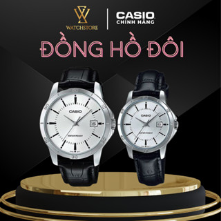 Đồng Hồ Đôi Casio V004L-7AUDF Màu Trắng Kim Đen Dây Da Mặt Kính Khoáng Chống Nước Chính Hãng