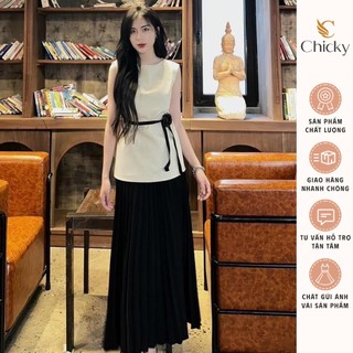Set 2 Chi Tiết Áo Tiểu Thư Cổ Tròn Sát Nách Phối Nơ Cột Eo Mix Chân váy Midi Dập Ly Dáng Dài Thanh Lịch Sang Chảnh