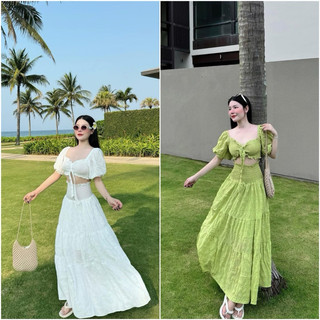 SET VÁY MAXI ĐI BIỂN MẶC ĐƯỢC 2 KIỂU TAY PHỒNG, BO CHUN SIÊU ĐẸP