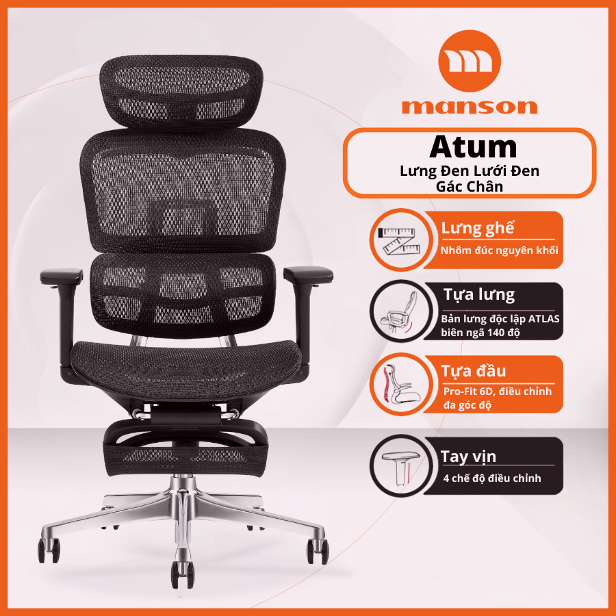 [Chính Hãng] Ghế Manson Atum Màu Đen / Xám - Ghế Xoay Công Thái Học, Lưng Hợp Kim Nhôm, Tựa 6D | BigBuy360 - bigbuy360.vn