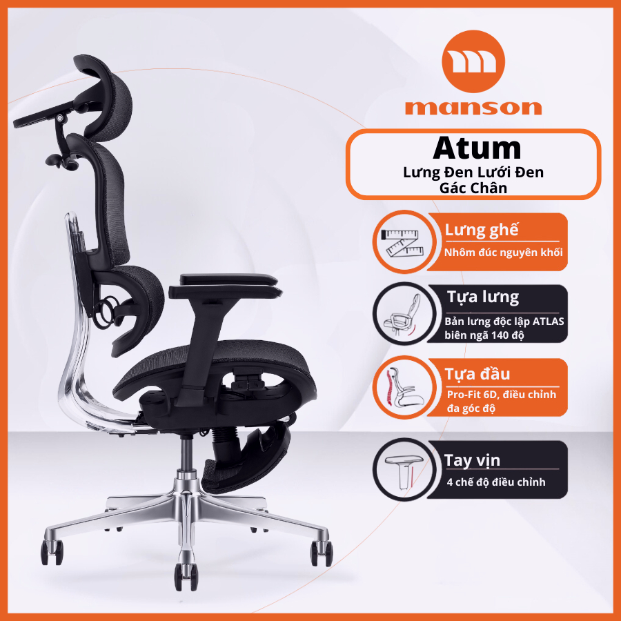 [Chính Hãng] Ghế Manson Atum Màu Đen / Xám - Ghế Xoay Công Thái Học, Lưng Hợp Kim Nhôm, Tựa 6D | BigBuy360 - bigbuy360.vn