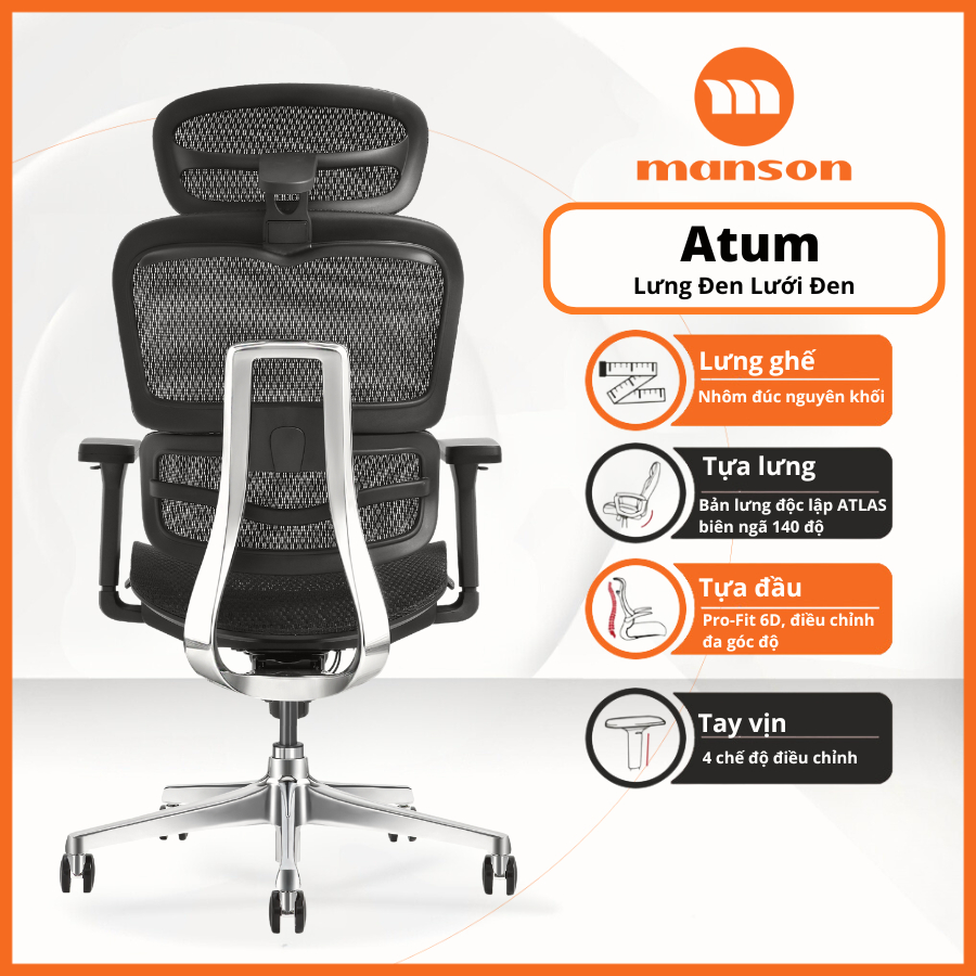 [Chính Hãng] Ghế Manson Atum Màu Đen / Xám - Ghế Xoay Công Thái Học, Lưng Hợp Kim Nhôm, Tựa 6D | BigBuy360 - bigbuy360.vn