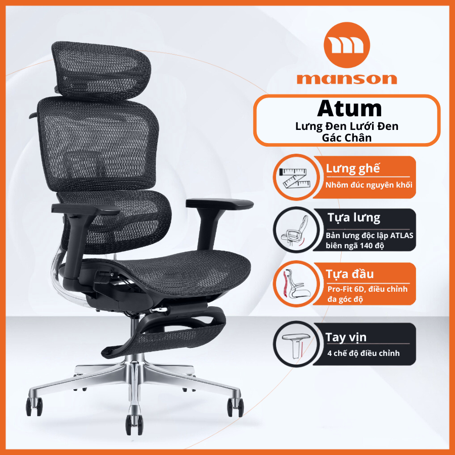 [Chính Hãng] Ghế Manson Atum Màu Đen / Xám - Ghế Xoay Công Thái Học, Lưng Hợp Kim Nhôm, Tựa 6D | BigBuy360 - bigbuy360.vn