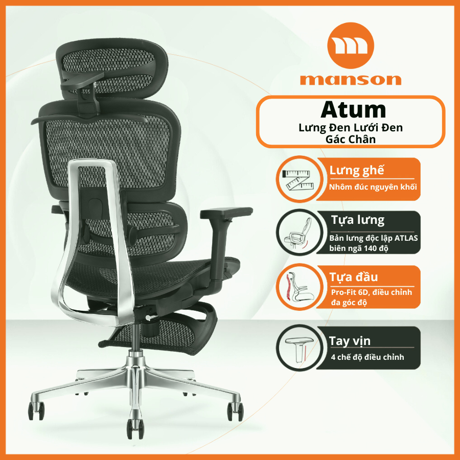 [Chính Hãng] Ghế Manson Atum Màu Đen / Xám - Ghế Xoay Công Thái Học, Lưng Hợp Kim Nhôm, Tựa 6D | BigBuy360 - bigbuy360.vn