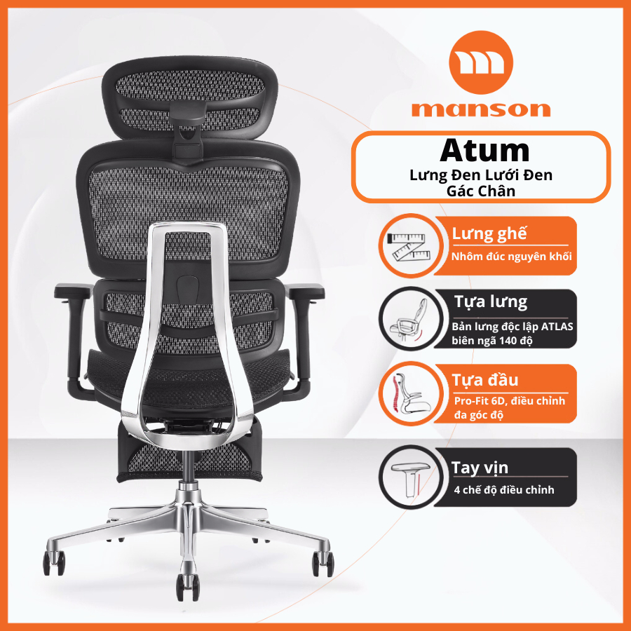 [Chính Hãng] Ghế Manson Atum Màu Đen / Xám - Ghế Xoay Công Thái Học, Lưng Hợp Kim Nhôm, Tựa 6D | BigBuy360 - bigbuy360.vn