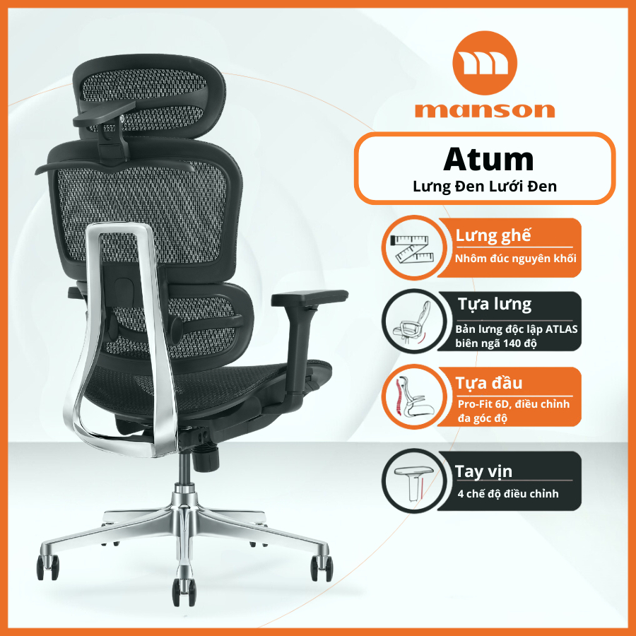 [Chính Hãng] Ghế Manson Atum Màu Đen / Xám - Ghế Xoay Công Thái Học, Lưng Hợp Kim Nhôm, Tựa 6D | BigBuy360 - bigbuy360.vn