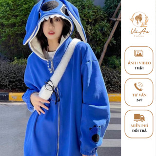 Áo khoác tai thỏ stick màu xanh form rộng kiểu dáng unisex, áo hoodie zip chất nỉ cotton cao cấp