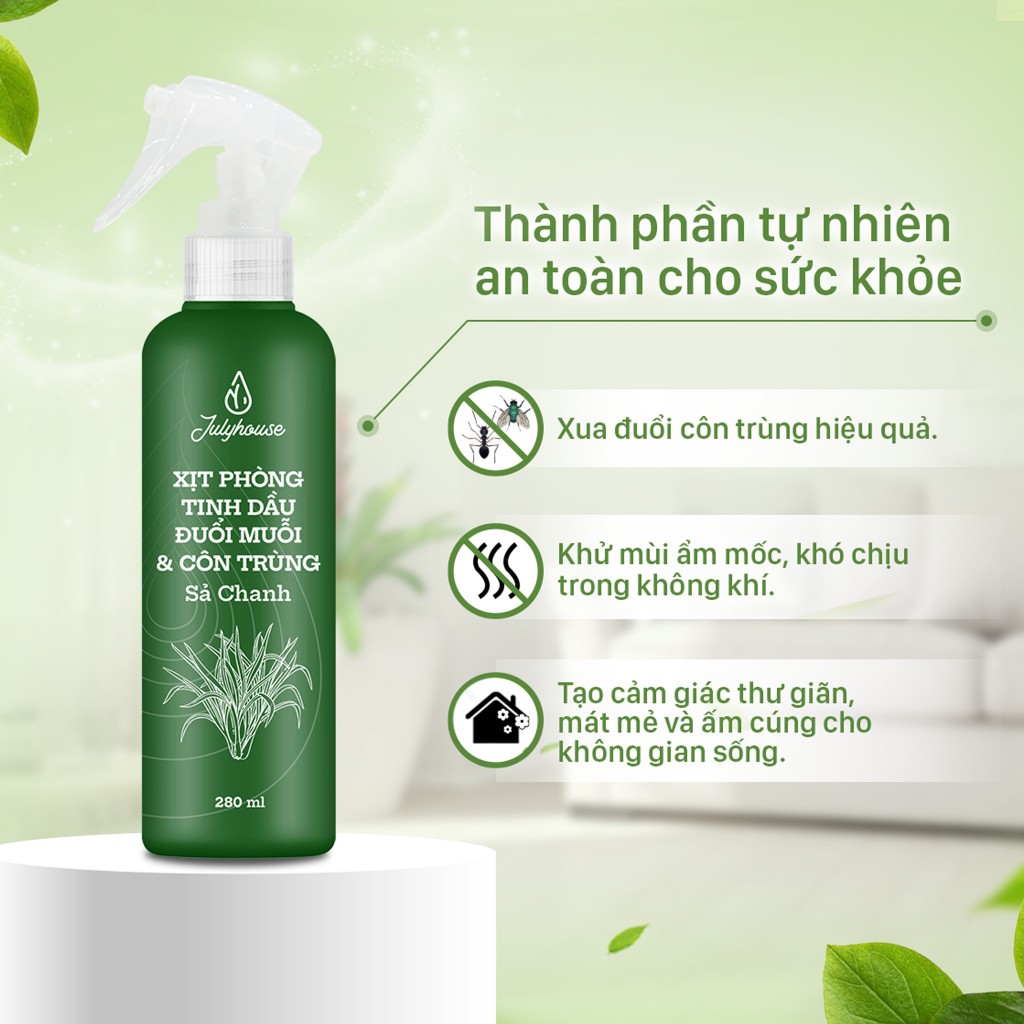 Bình Xịt Phòng Tinh Dầu Sả Chanh, Bạc Hà, Quế, Bạch Đàn Chanh Đuổi Muỗi 280ml Julyhouse Khử Mùi