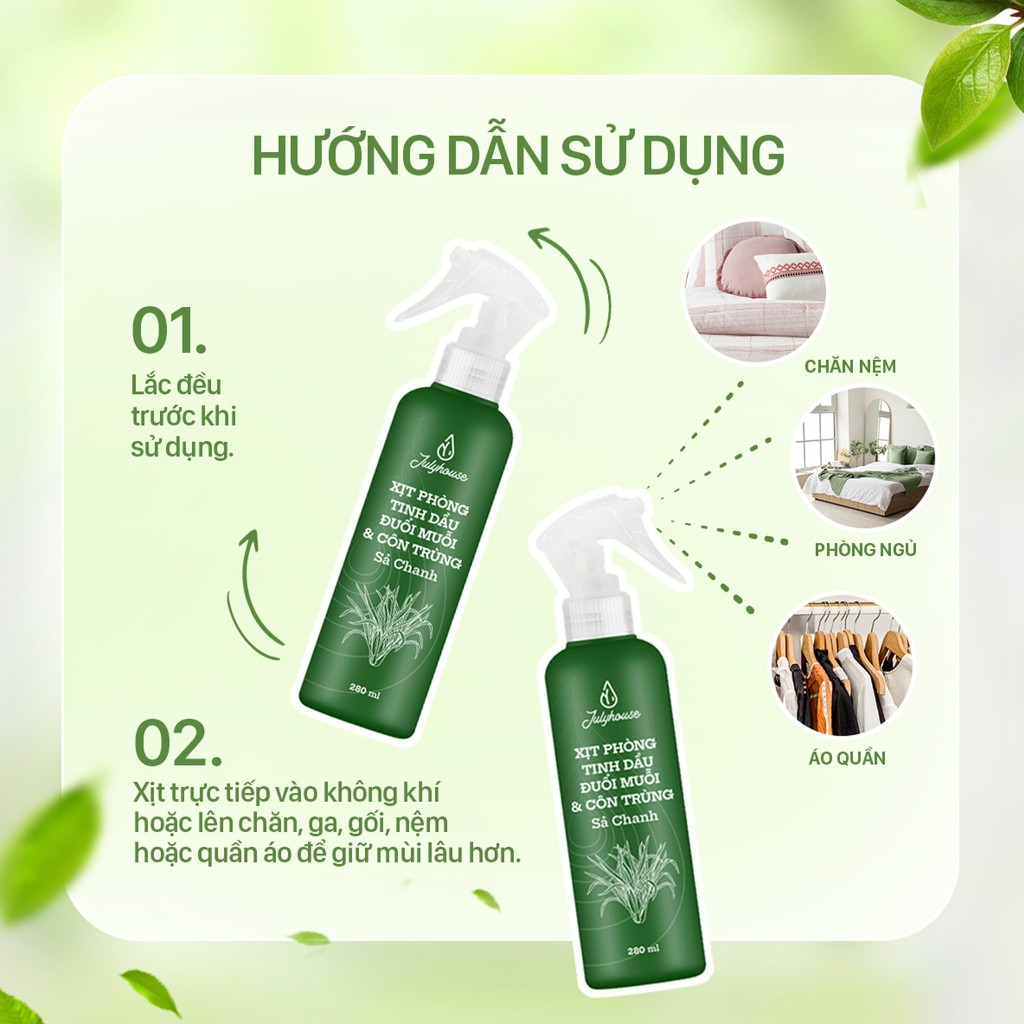 Bình Xịt Phòng Tinh Dầu Sả Chanh, Bạc Hà, Quế, Bạch Đàn Chanh Đuổi Muỗi 280ml Julyhouse Khử Mùi