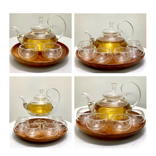 Bộ bình trà thuỷ tinh có lõi lọc inox kèm khay gỗ, bộ ấm trà thuỷ tinh chịu dùng uống trà hoa