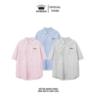 Áo Sơ Mi Dukeen Form Rộng Tay Ngắn Chất Liệu Oxford , Sơ Mi Nam Nữ Kẻ Sọc 3 Màu Xám , Hồng , Xanh