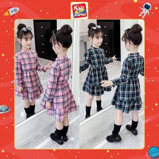 Váy đầm xoè dài tay hoạ tiết caro cho bé gái  Cao 110-160cm, nặng 14-40kg) N00978