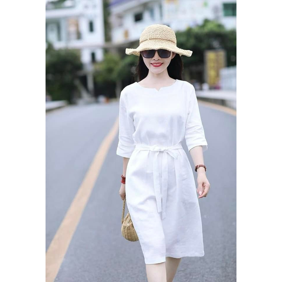 Đầm suông linen KT Fashion tay lỡ màu trắng đai rời, chất vải linen mềm mát, thời trang Hàn Quốc