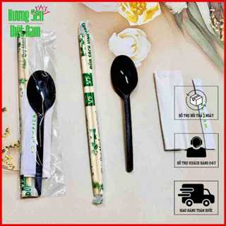 [Set] 100 COMBO Đũa Tre - Thìa Đen - Giấy Ăn - Tăm Giấy (4 trong 1)