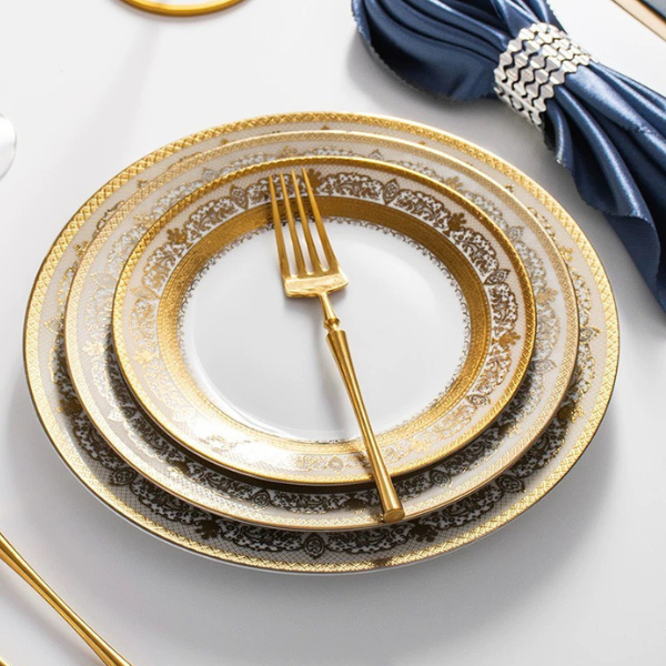 Bộ bát đĩa cao cấp viền vàng, bát soup, đĩa sứ cao cấp