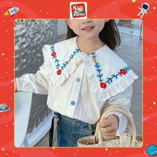 Áo sơ mi trắng dài tay rộng cổ thêu hoa cho bé gái (Nặng 10-35kg, cao 90-150cm) N01131