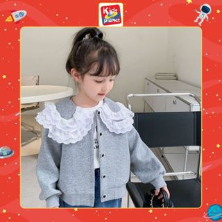 Áo khoác cardigan nỉ màu xám phối ren trắng cho bé gái (Nặng 10-35kg, cao 90-150cm) N01262