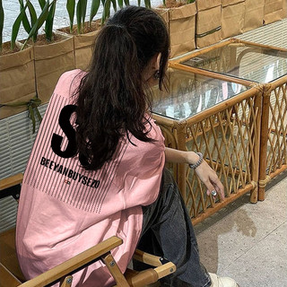 Màu Hồng fashion 2024 áo phông nữ form rộng chữ sọc in ấn cổ tròn dáng rộng áo thun 100%cotton local brand