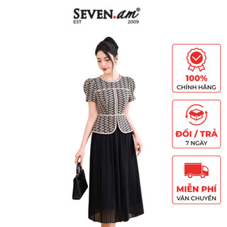 Đầm xòe tay cộc ren trắng phối chân váy dập ly Seven.AM H633055C
